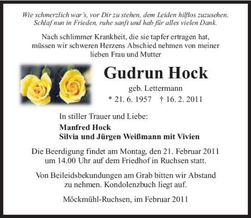  Traueranzeige für Gudrun Hock vom 18.02.2011 aus 