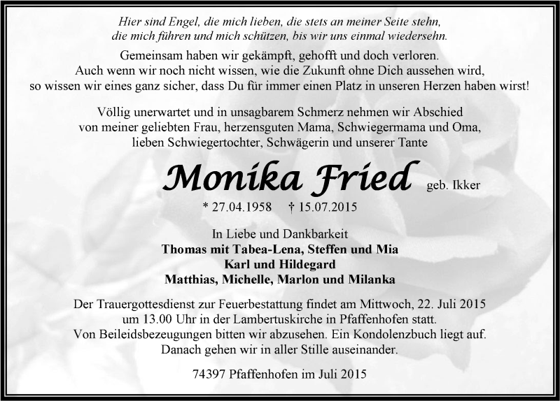  Traueranzeige für Monika Fried vom 18.07.2015 aus 