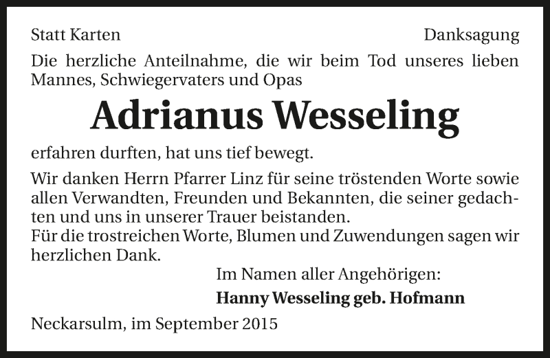  Traueranzeige für Adrianus Wesseling vom 15.09.2015 aus 
