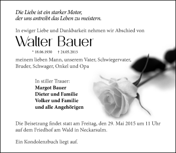 Traueranzeige von Walter Bauer 