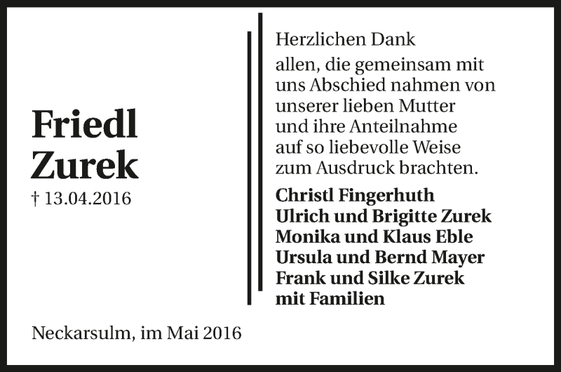  Traueranzeige für Friedl Zurek vom 06.05.2016 aus 
