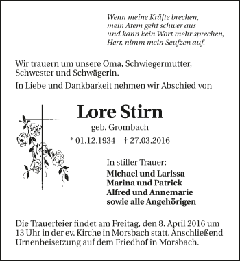 Traueranzeige von Lore Stirn 