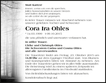 Traueranzeige von Cora Ira Ohles 