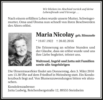 Traueranzeige von Maria Nicolay 