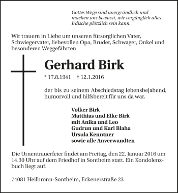 Traueranzeige von Gerhard Birk 