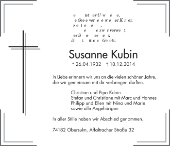 Traueranzeige von Susanne Kubin 