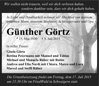 Traueranzeige von Günther Görtz 