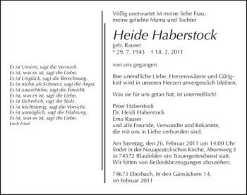 Traueranzeige von Heide geb. Rauser Haberstock 