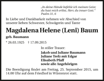 Traueranzeige von Magdalena Helene Baum 