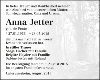 Traueranzeige von Anna Jetter 