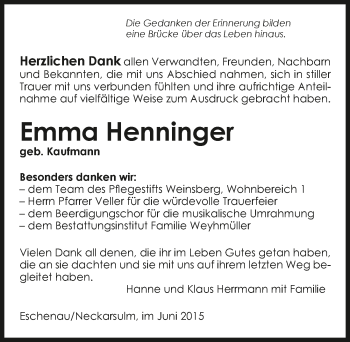 Traueranzeige von Emma Henninger 
