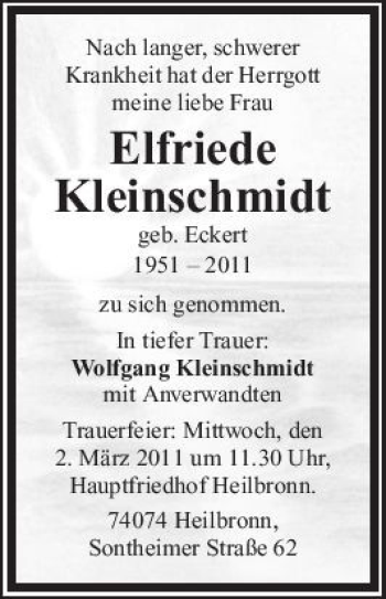 Traueranzeige von Elfriede Kleinschmidt 