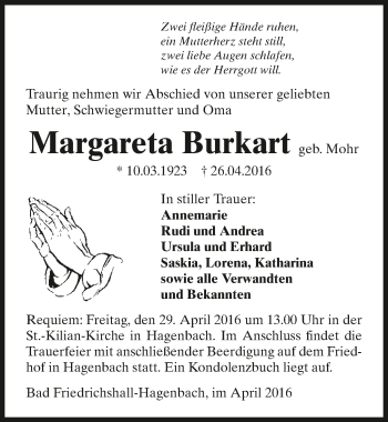Traueranzeige von Margareta Burkart 