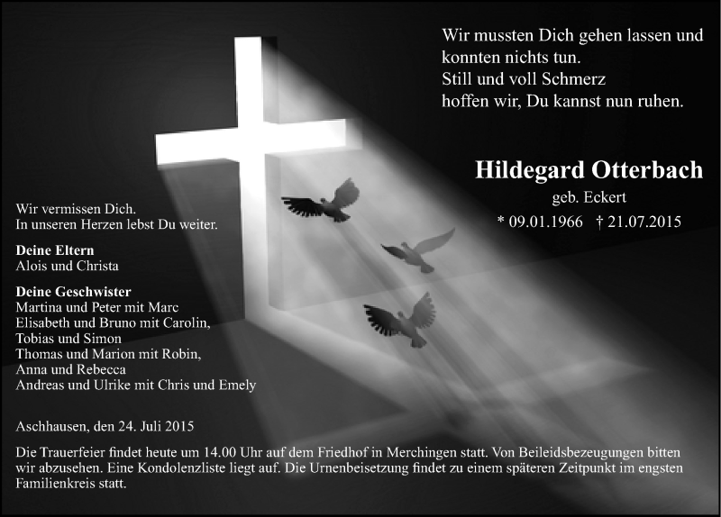  Traueranzeige für Hildegard Otterbach vom 24.07.2015 aus 