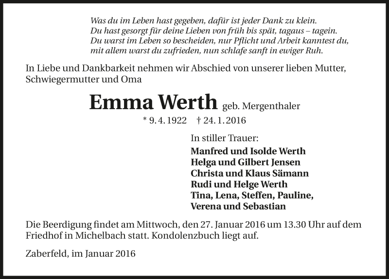  Traueranzeige für Emma Werth vom 26.01.2016 aus 