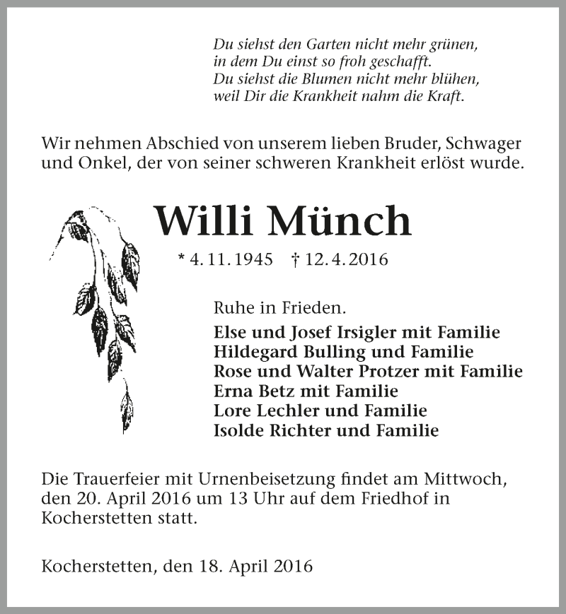  Traueranzeige für Willi Münch vom 18.04.2016 aus 