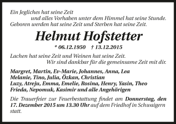Traueranzeige von Helmut Hofstetter 