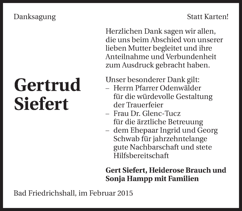  Traueranzeige für Gertrud Siefert vom 14.02.2015 aus 