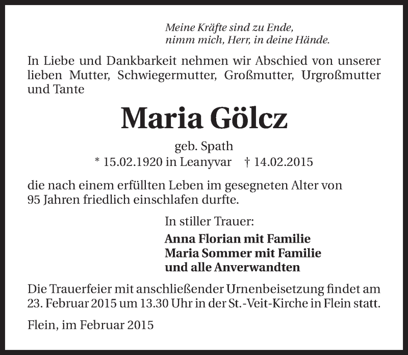  Traueranzeige für Maria Gölcz vom 19.02.2015 aus 