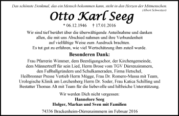 Traueranzeige von Otto Karl Seeg 