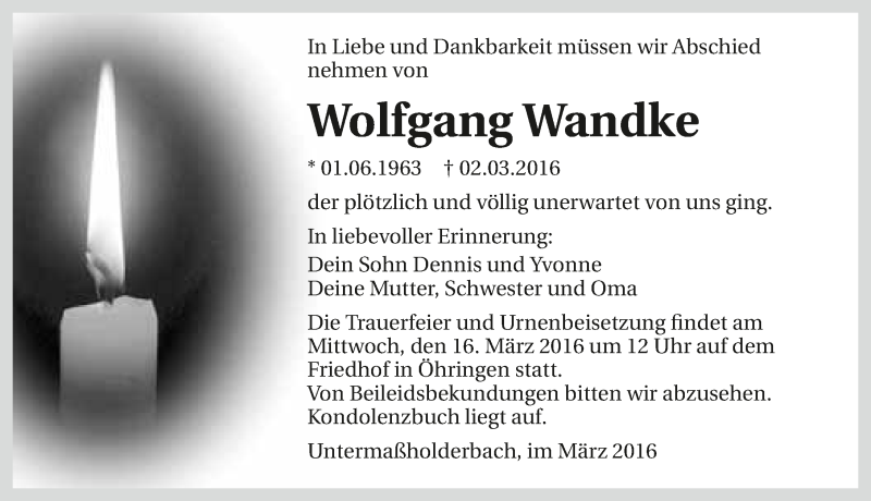  Traueranzeige für Wolfgang Wandke vom 12.03.2016 aus 