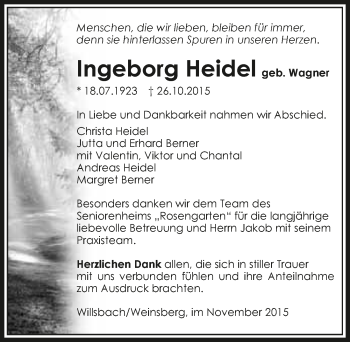 Traueranzeige von Ingeborg Heidel 