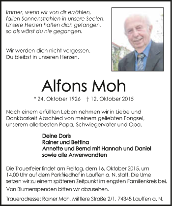 Traueranzeige von Alfons Moh 