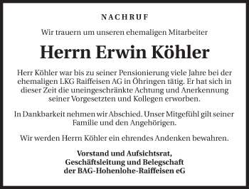 Traueranzeige von Erwin Köhler 