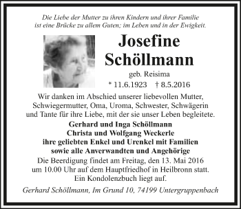 Traueranzeige von Josefine Schöllmann 