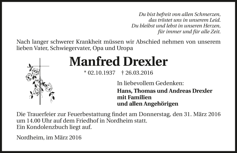  Traueranzeige für Manfred Drexler vom 29.03.2016 aus 