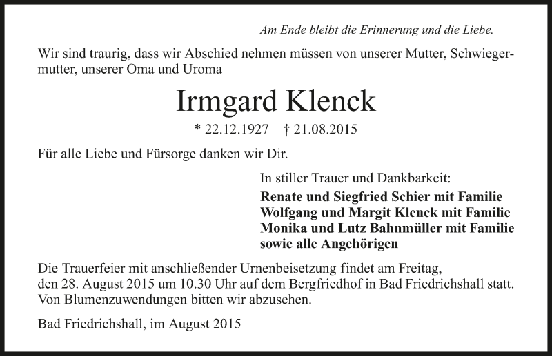  Traueranzeige für Irmgard Klenck vom 25.08.2015 aus 