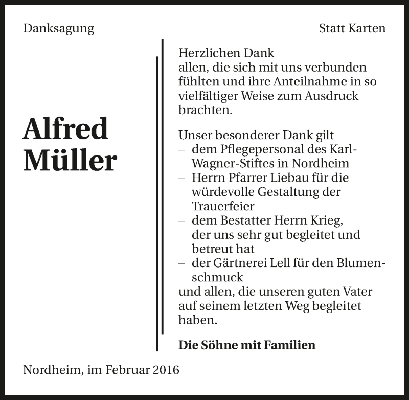  Traueranzeige für Alfred Müller vom 06.02.2016 aus 