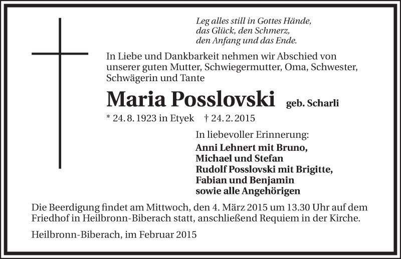  Traueranzeige für Maria Posslovski vom 28.02.2015 aus 