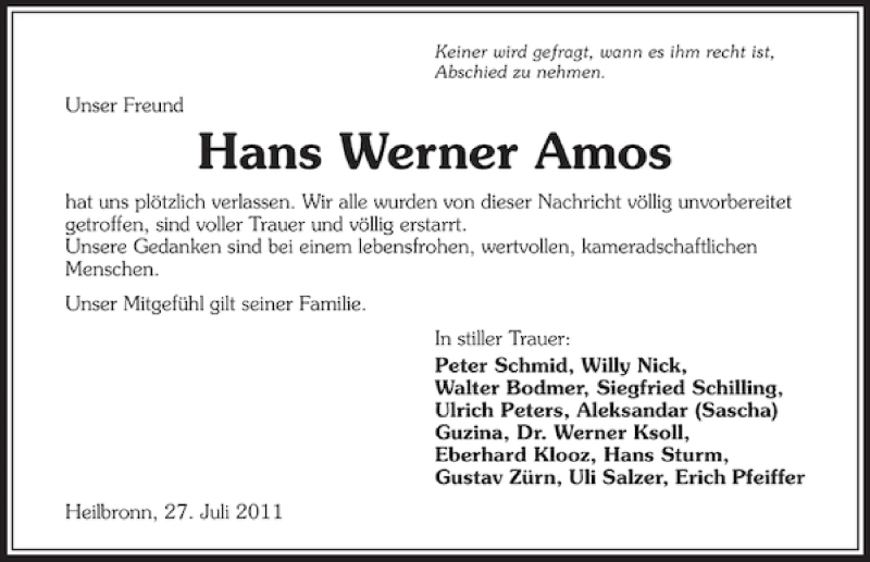  Traueranzeige für Hans Werner Amos vom 27.07.2011 aus 