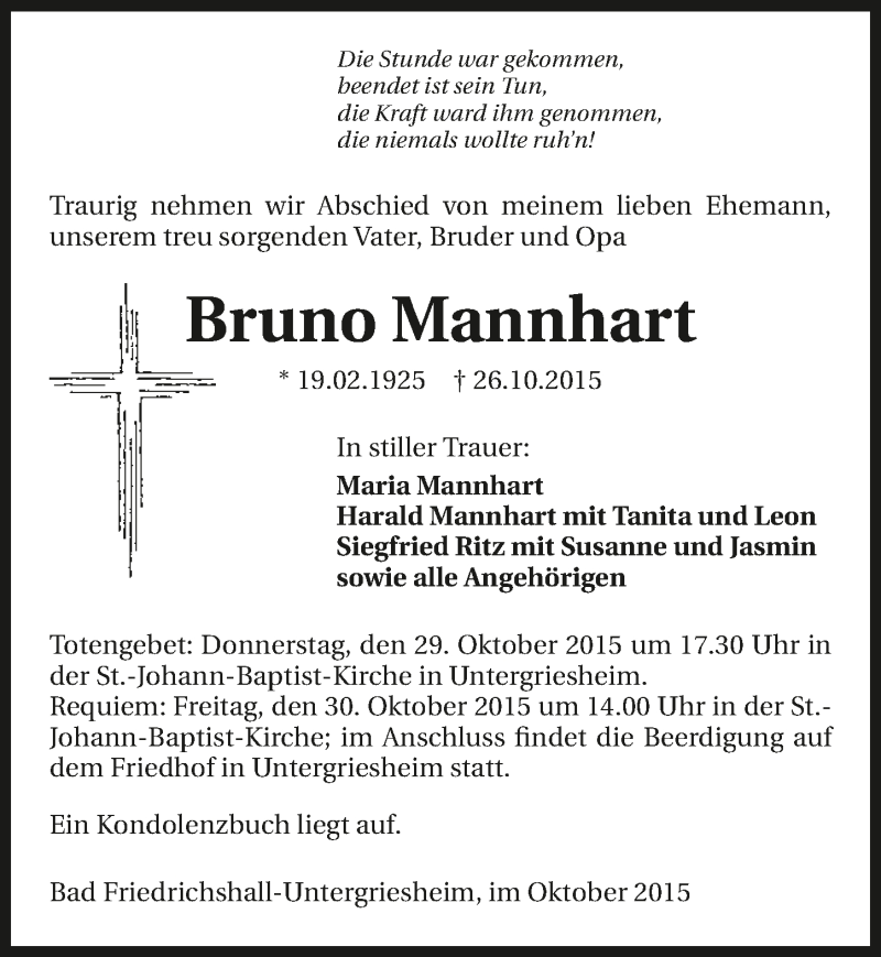  Traueranzeige für Bruno Mannhart vom 28.10.2015 aus 