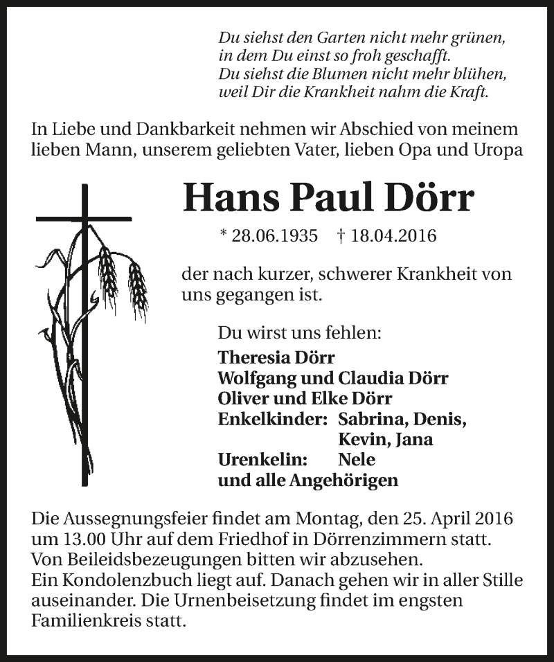  Traueranzeige für Hans Paul Dörr vom 23.04.2016 aus 