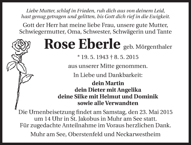  Traueranzeige für Rose Eberle vom 19.05.2015 aus 