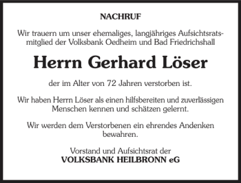 Traueranzeige von Gerhard Löser 