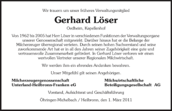 Traueranzeige von Gerhard Löser 