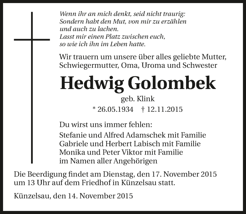  Traueranzeige für Hedwig Golombek vom 14.11.2015 aus 