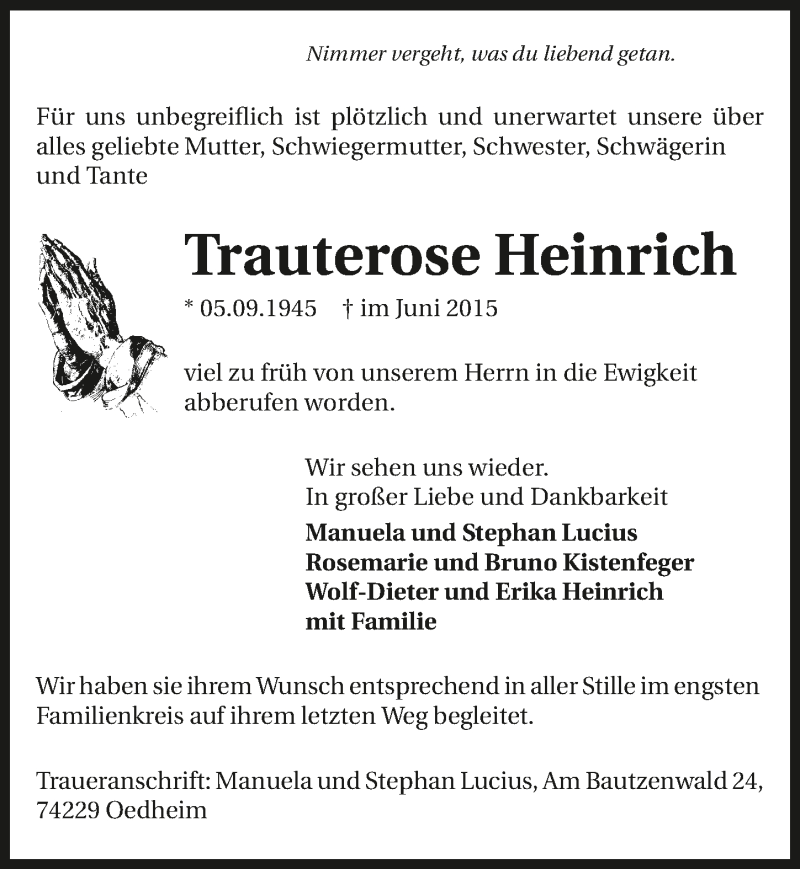  Traueranzeige für Trauterose Heinrich vom 20.06.2015 aus 