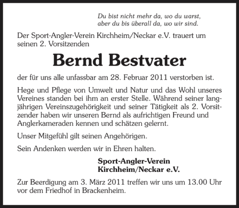 Traueranzeige für Bernd Bestvater vom 02.03.2011 aus 