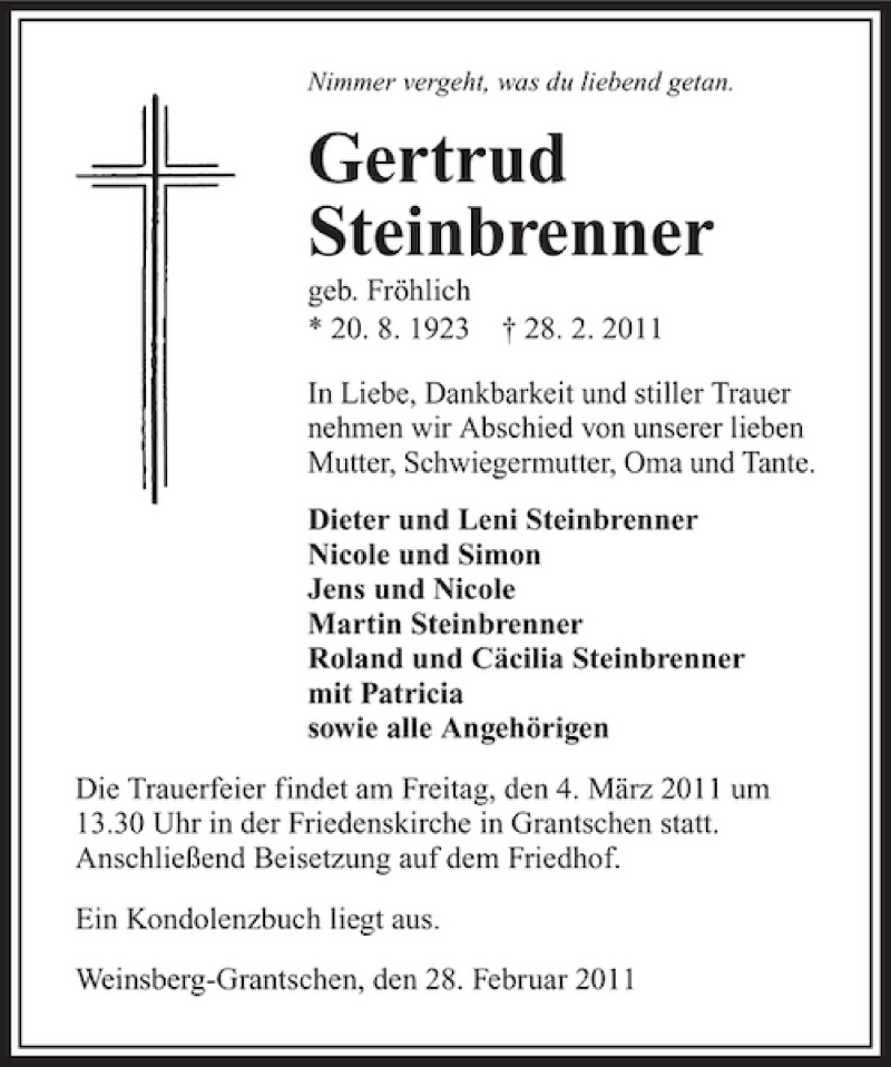  Traueranzeige für Gertrud Steinbrenner vom 02.03.2011 aus 