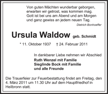 Traueranzeige von Ursula Waldow 