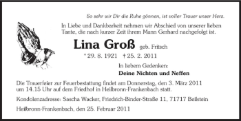 Traueranzeige von Lina Groß 