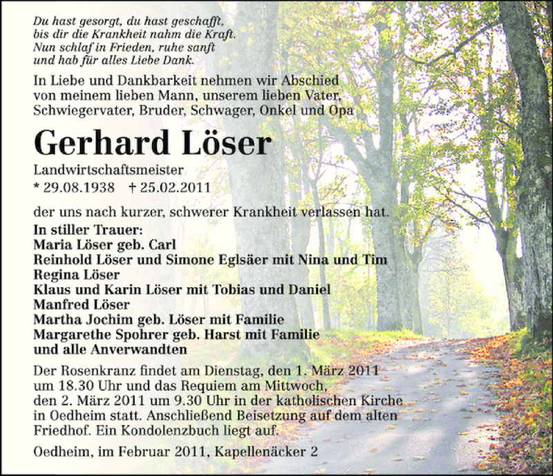  Traueranzeige für Gerhard Löser vom 28.02.2011 aus 