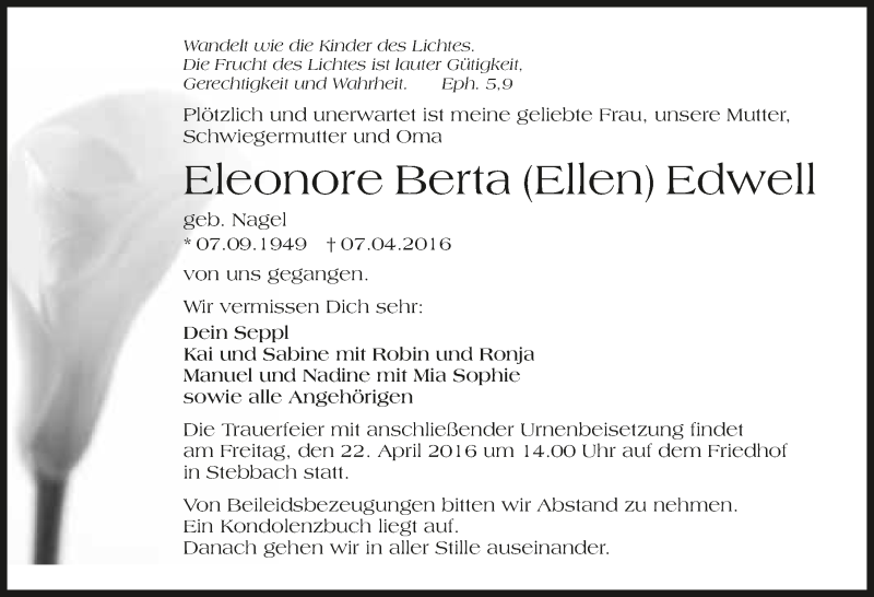  Traueranzeige für Eleonore Berta Edwell vom 19.04.2016 aus 