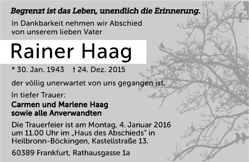 Traueranzeige für Rainer Haag vom 31.12.2015 aus 