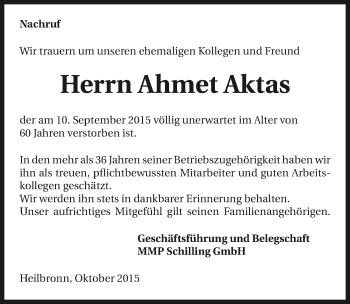 Traueranzeige von Ahmet Aktas 