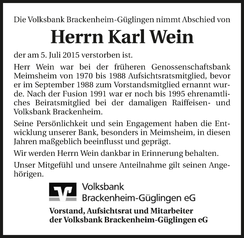  Traueranzeige für Karl Wein vom 07.07.2015 aus 